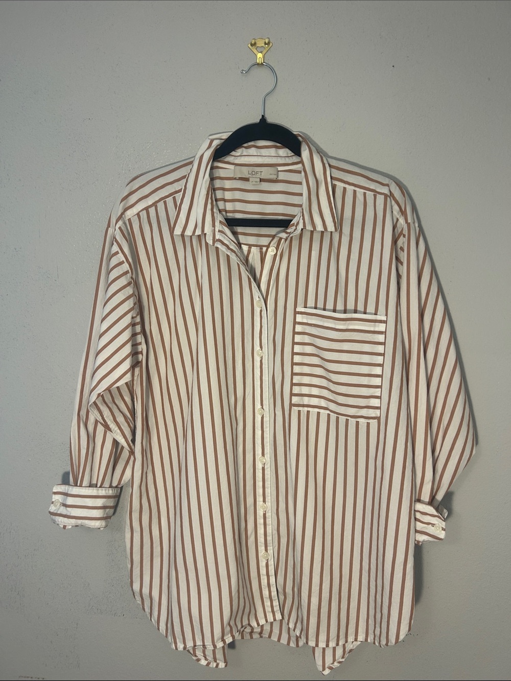 LOFT Cream and Brown Striped Button-Down Shirt